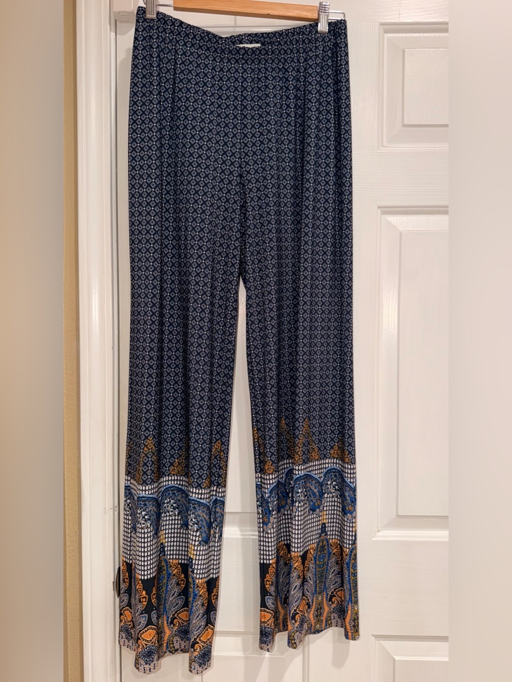 dressbarn Navy Patterned Wide-Leg Border Print Pants